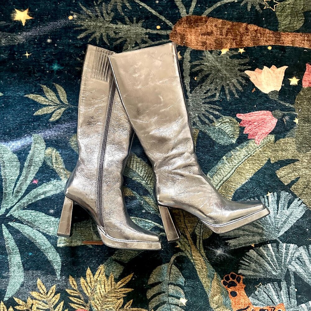 Jeffrey Campbell Crinkled Silver Knee-High Block Heel Boots - Picture 5 of 13